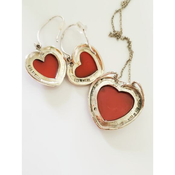 Sterling Silver Red Heart Marcasite Necklace and Earring Set - Picture 3 of 6